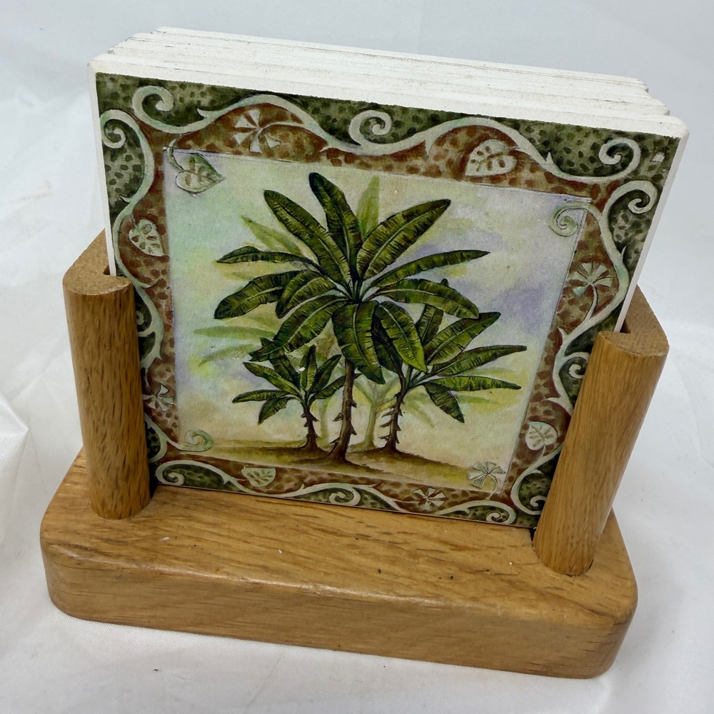 Tropical Palm Tree Ceramic Tile Coaster Set of 4 with Wood Holder Coastal Decor